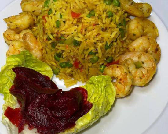 Tray of Fried Rice and Prawns